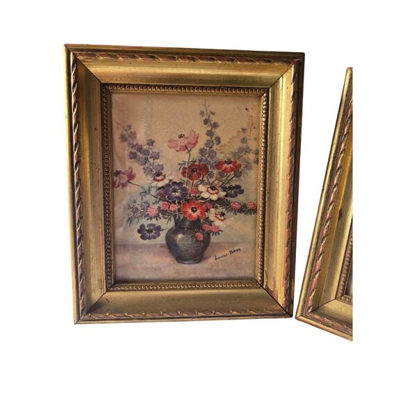 Vintage Gold Set of Two Flowers/Botanical in Vase Louise Biron picture W-21 - Picture 2 of 6